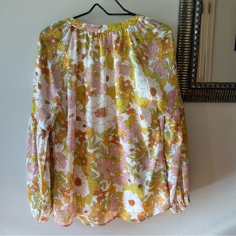 Women Casual Boho Blouse Fashion Floral Yellow V Neck Long Puff Sleeve Medium - Picture 4 of 12